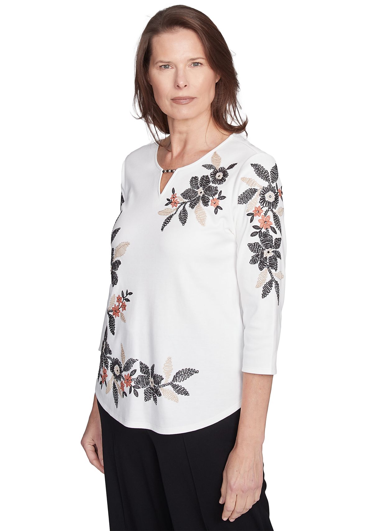 Womens Natural Instinct Floral Texture Asymmetric Top with Embroidery