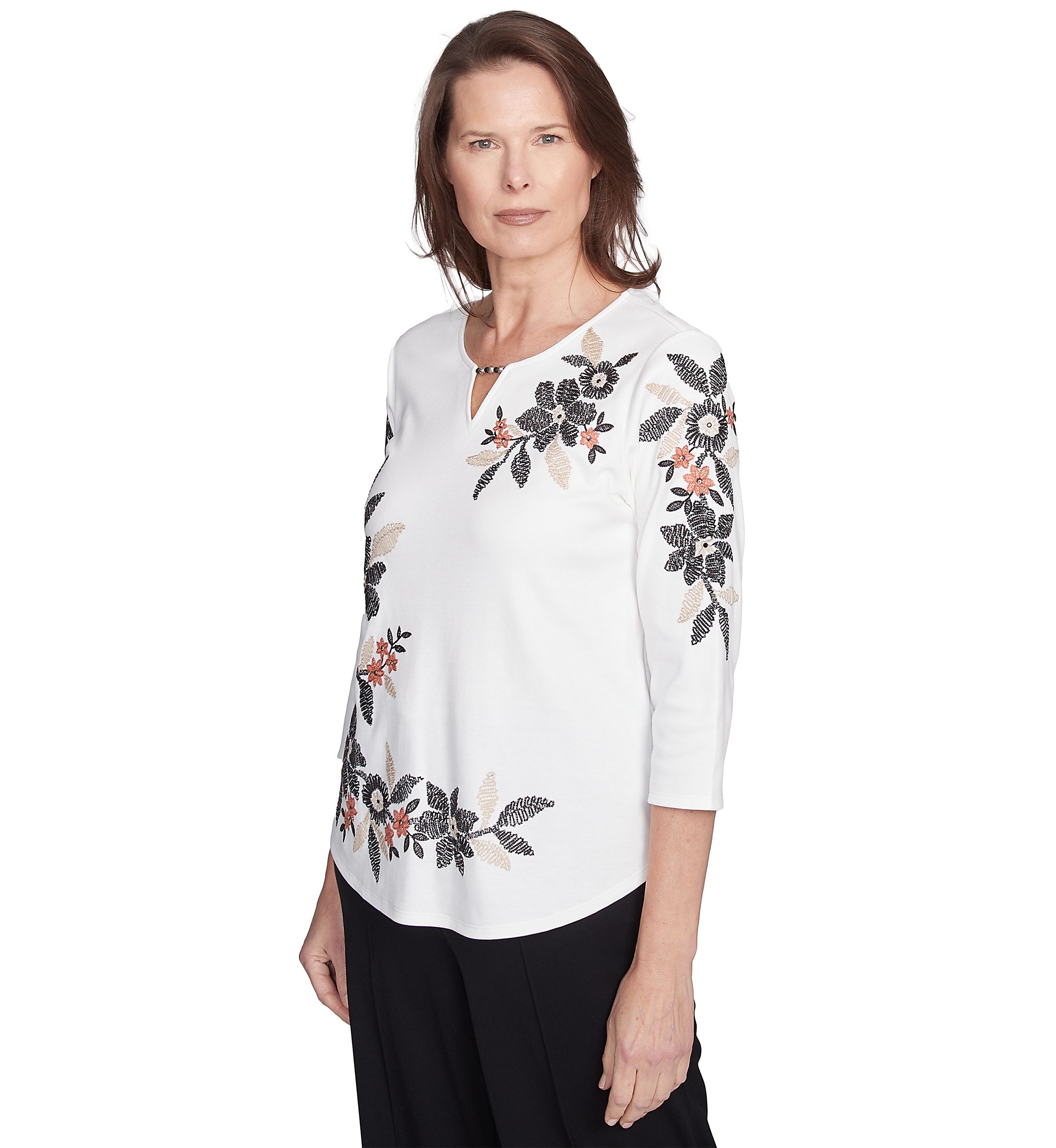 Womens Natural Instinct Floral Texture Asymmetric Top with Embroidery