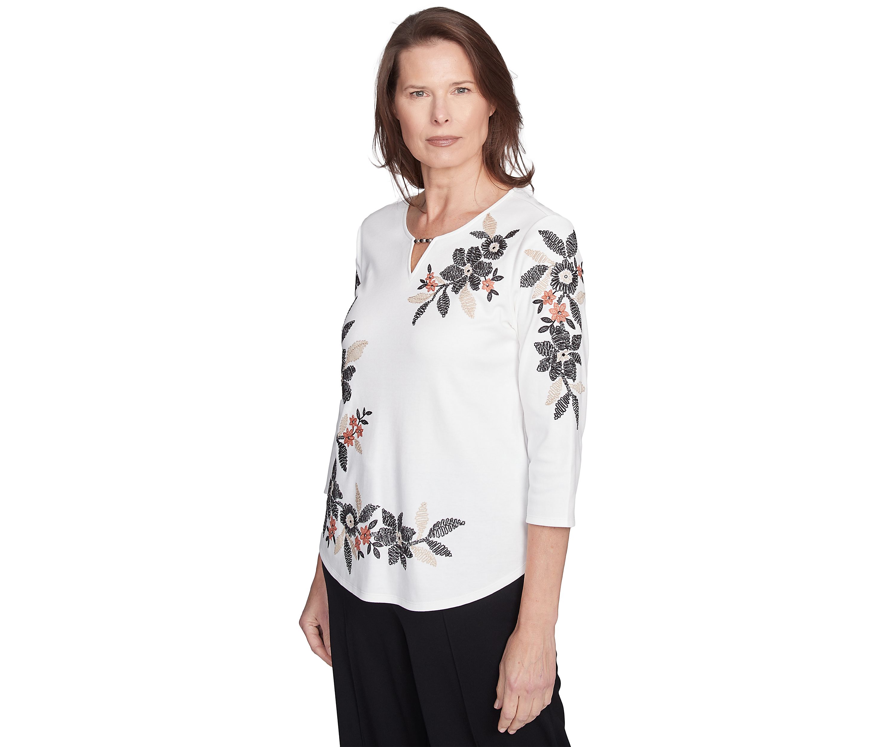 Womens Natural Instinct Floral Texture Asymmetric Top with Embroidery