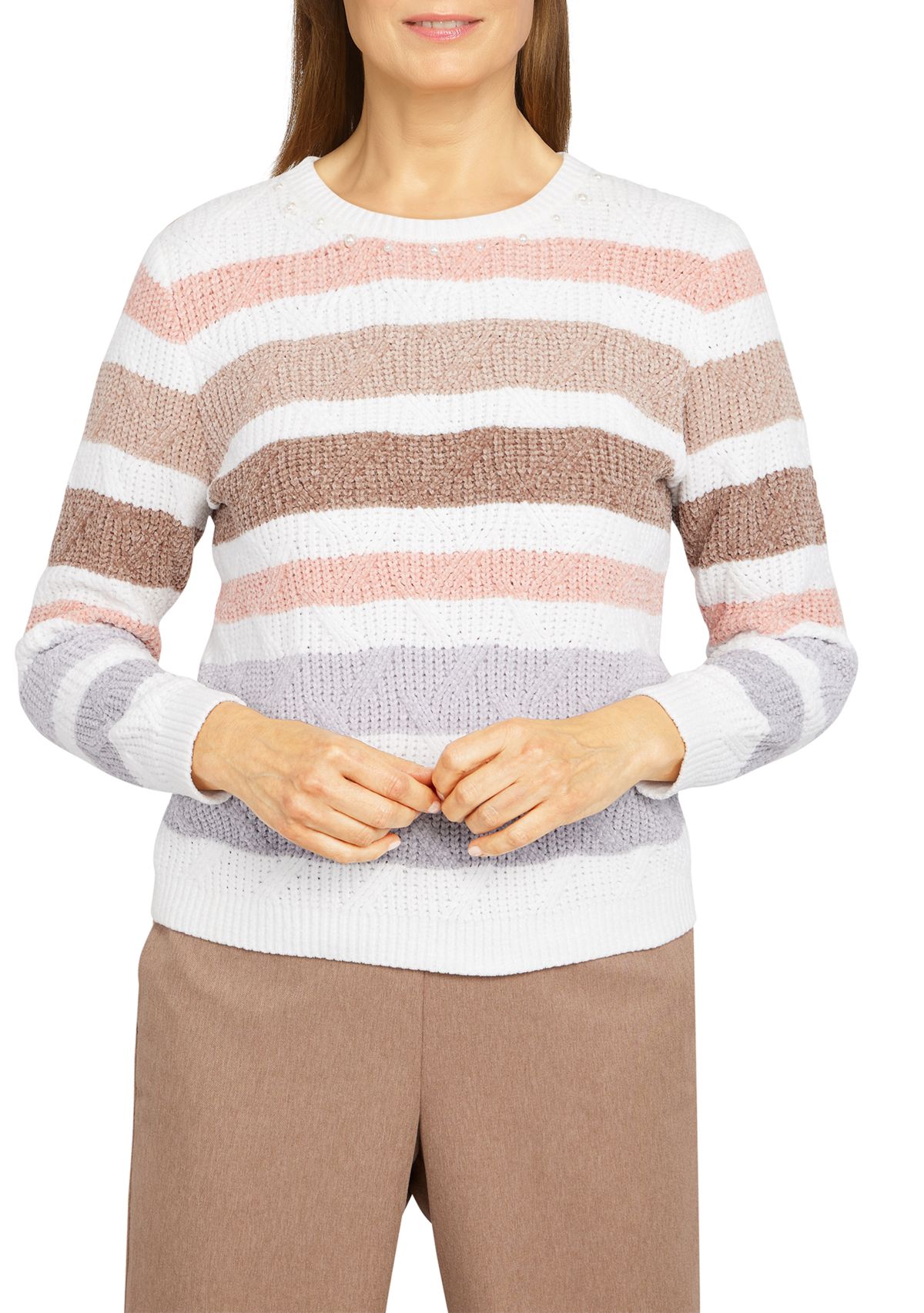 Womens Stonehenge Crew Neck Long Sleeve Pointelle Chenille Sweater