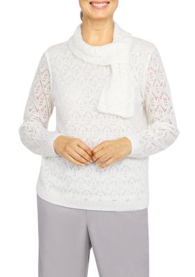 Women's Long Sleeve Pointelle Sweater with Scarf