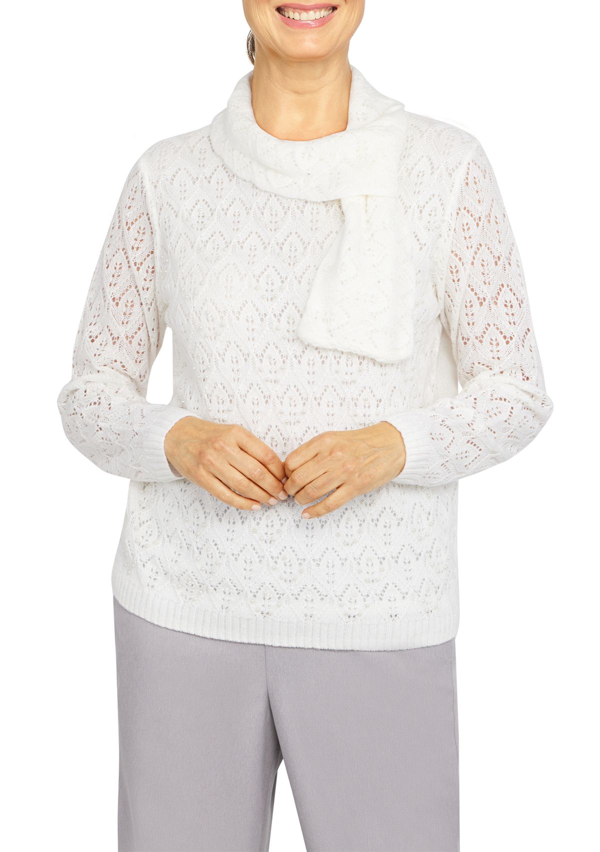 Womens Long Sleeve Pointelle Sweater with Scarf