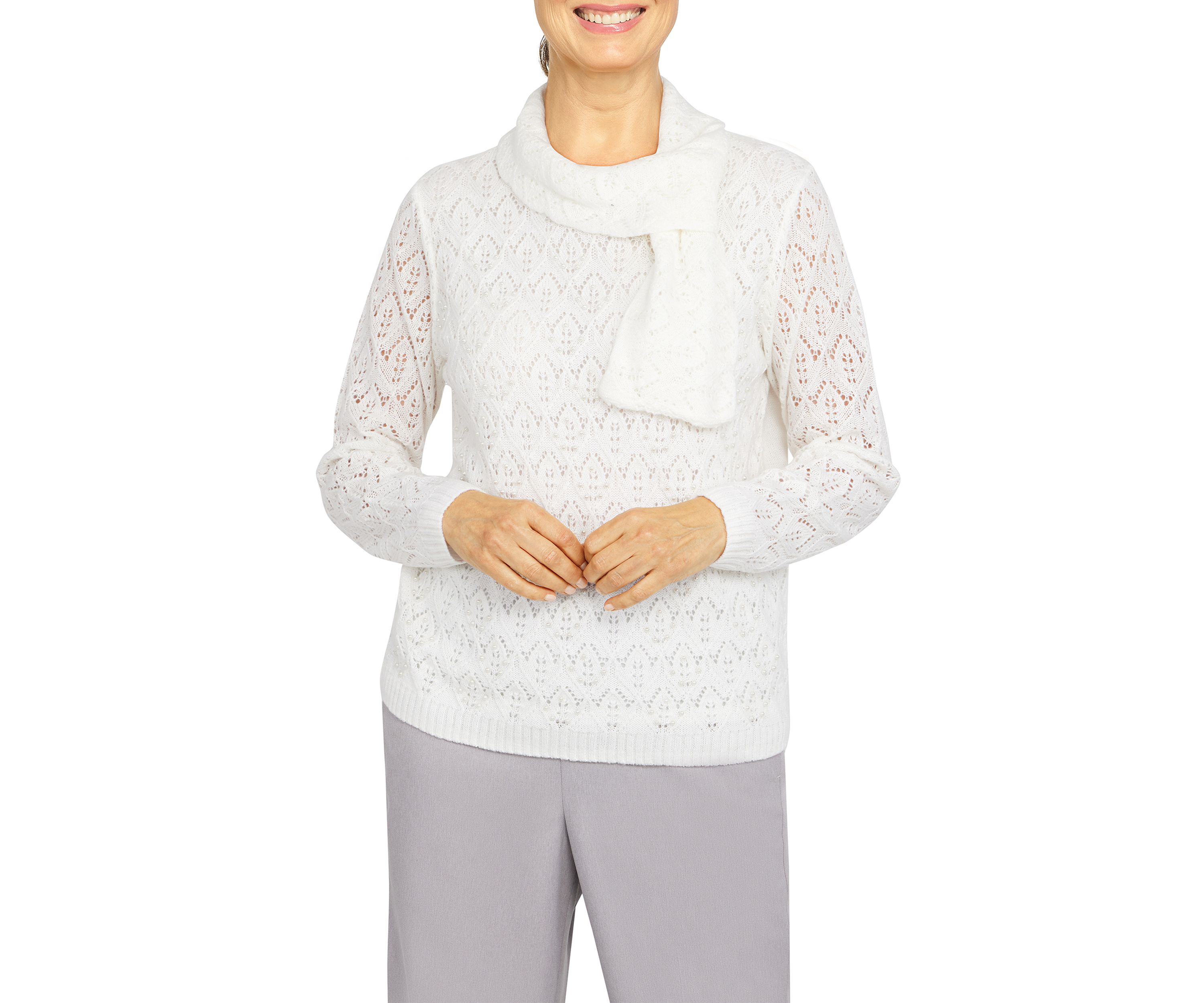 Womens Long Sleeve Pointelle Sweater with Scarf
