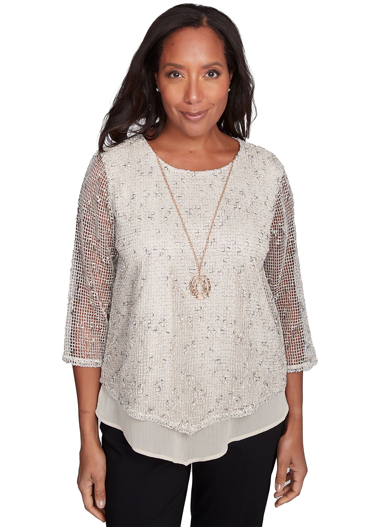 Petite Natural Instinct Popcorn Mesh Top with Woven Trim