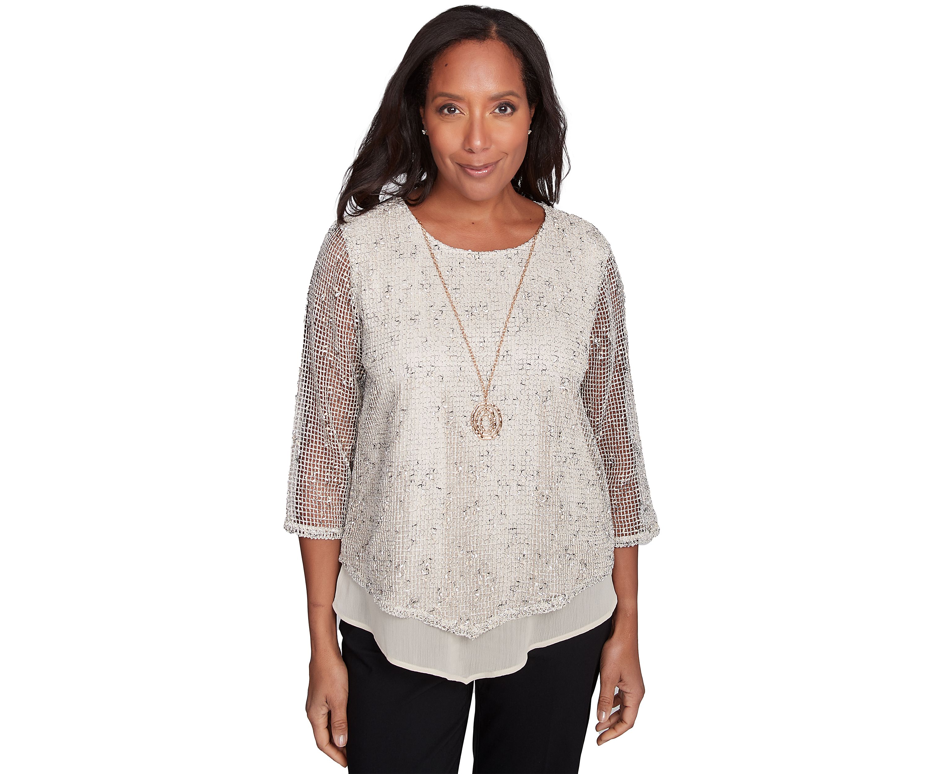 Petite Natural Instinct Popcorn Mesh Top with Woven Trim