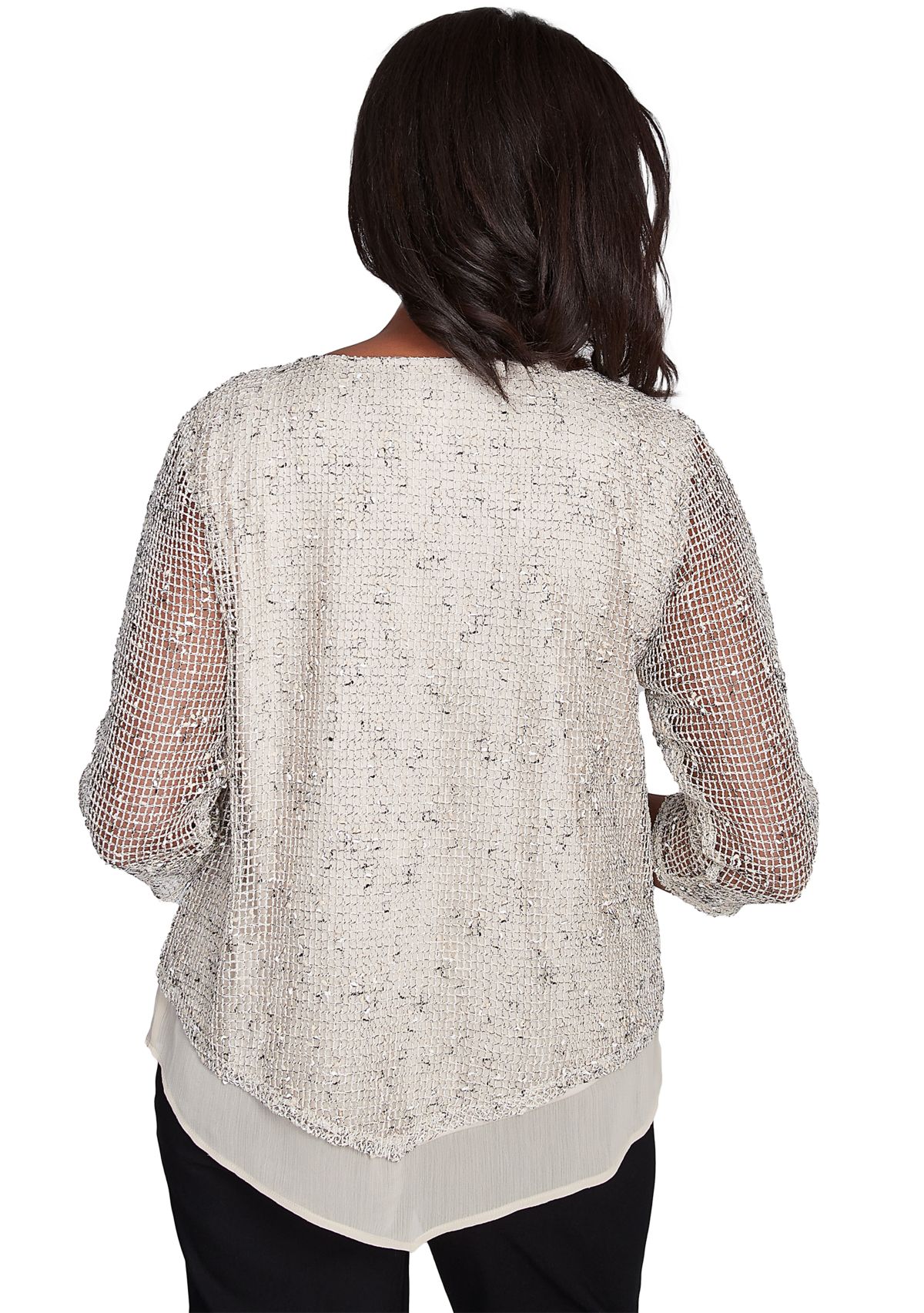 Petite Natural Instinct Popcorn Mesh Top with Woven Trim