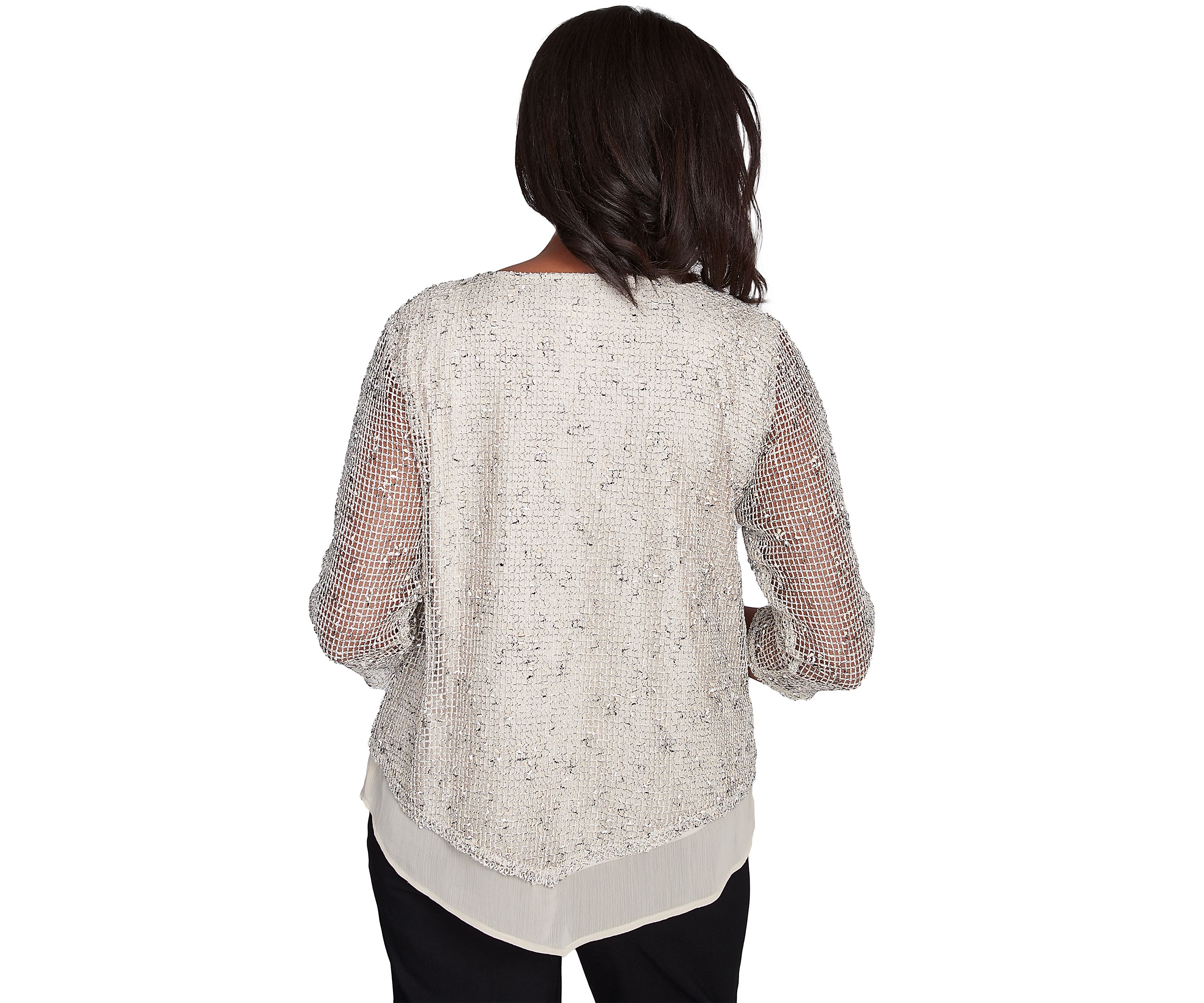 Petite Natural Instinct Popcorn Mesh Top with Woven Trim