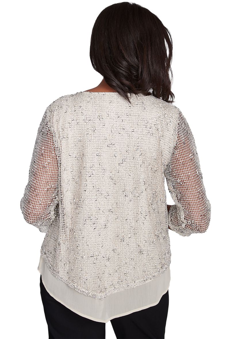 Petite Natural Instinct Popcorn Mesh Top with Woven Trim