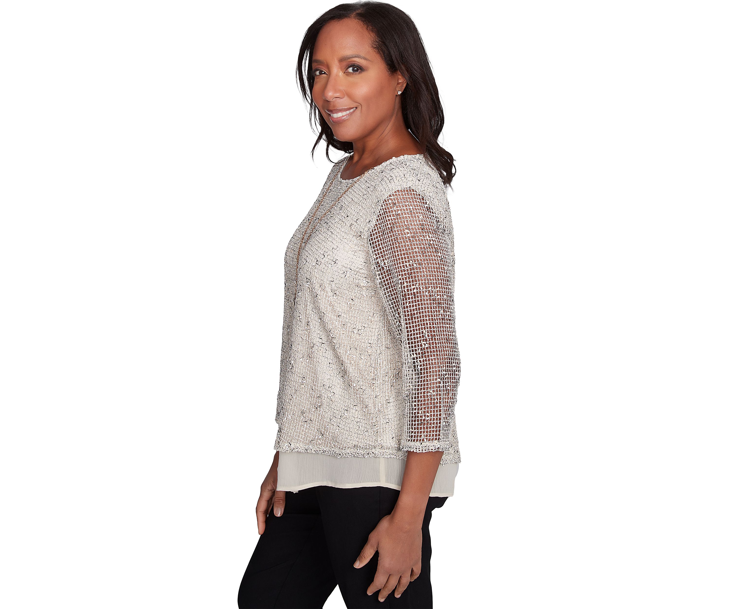 Petite Natural Instinct Popcorn Mesh Top with Woven Trim