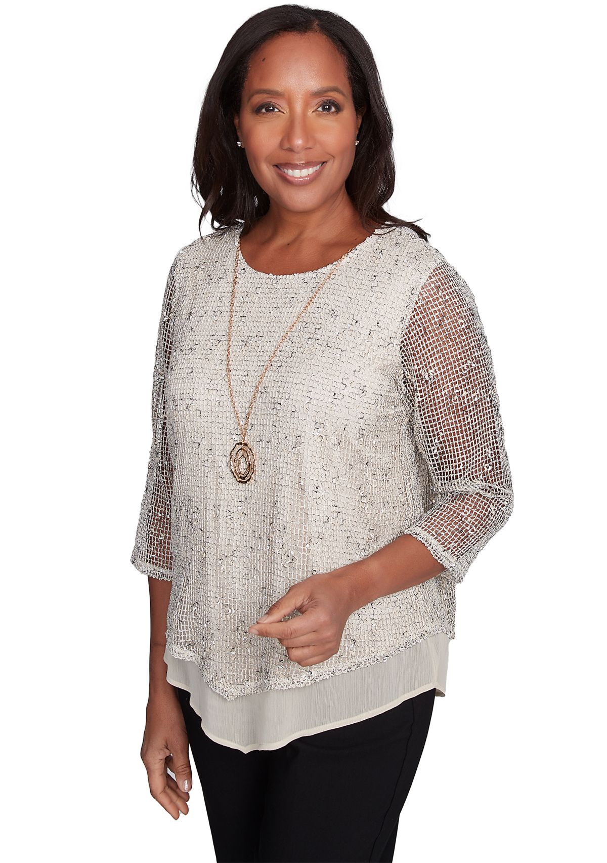 Petite Natural Instinct Popcorn Mesh Top with Woven Trim