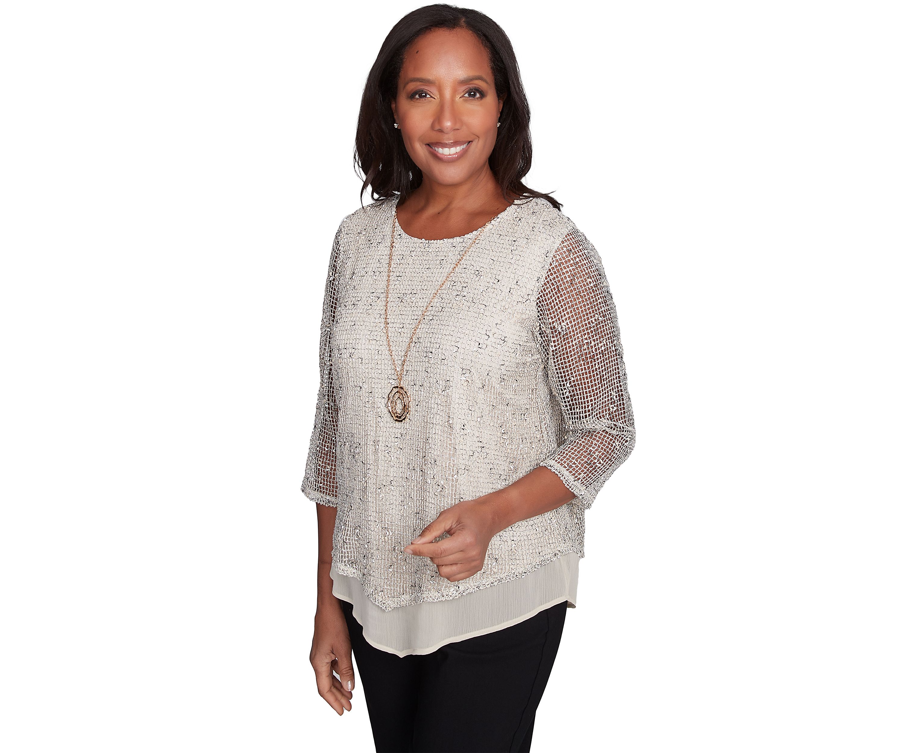 Petite Natural Instinct Popcorn Mesh Top with Woven Trim