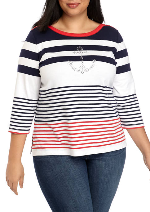 Alfred Dunner Womens Striped Anchor Top