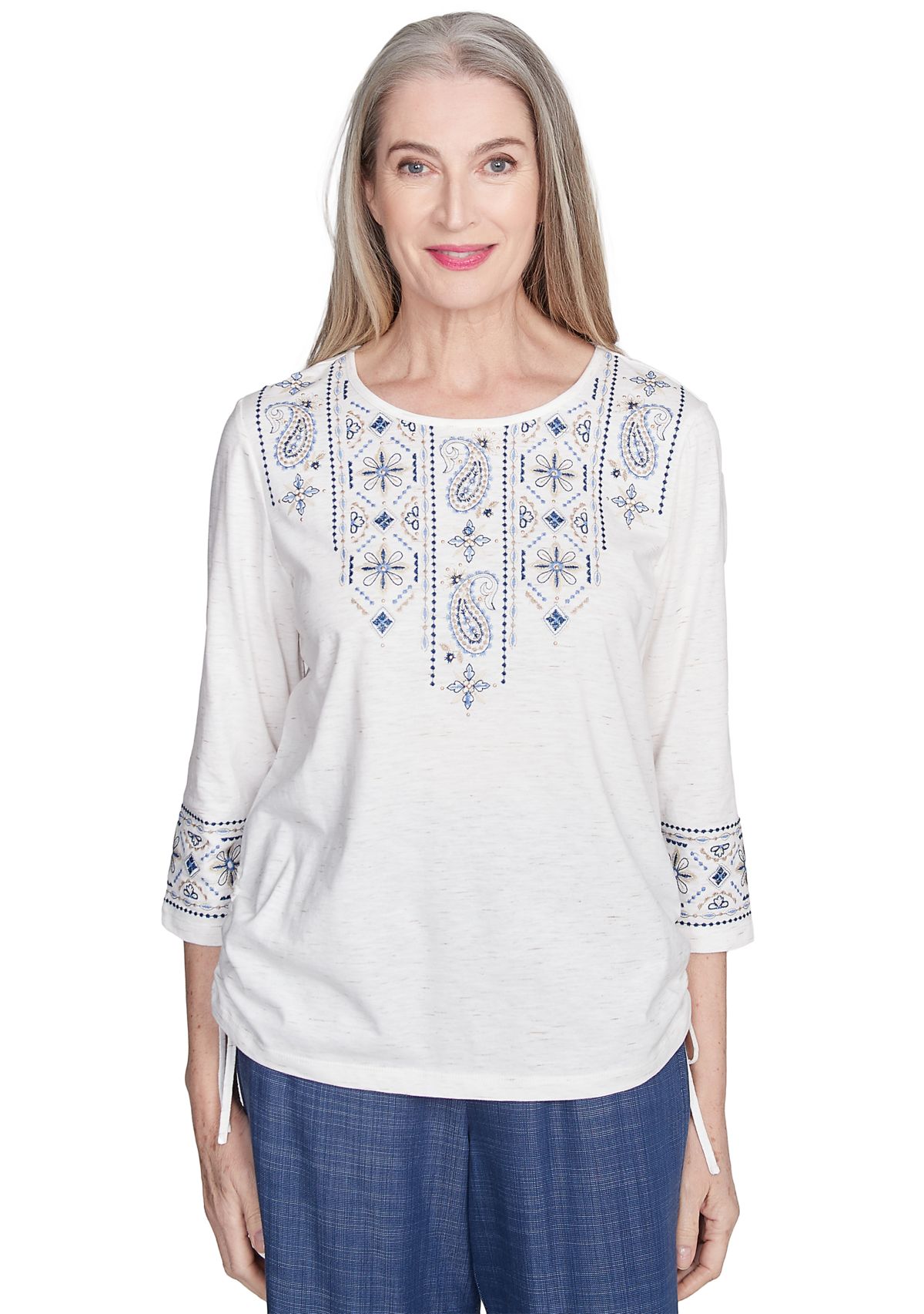 Womens Summer Solstice Embroidered Linear Yoke Top