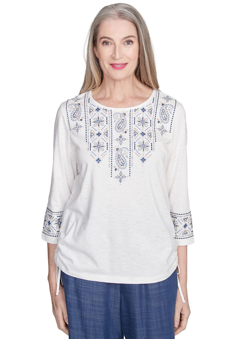 Womens Summer Solstice Embroidered Linear Yoke Top