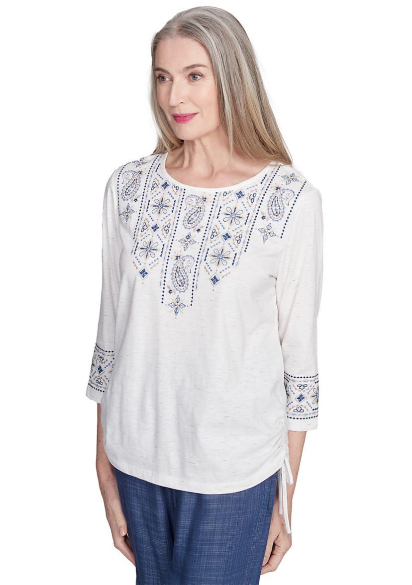 Womens Summer Solstice Embroidered Linear Yoke Top