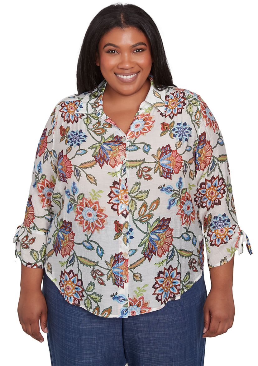Plus Size Summer Solstice Batik Floral Printed Top