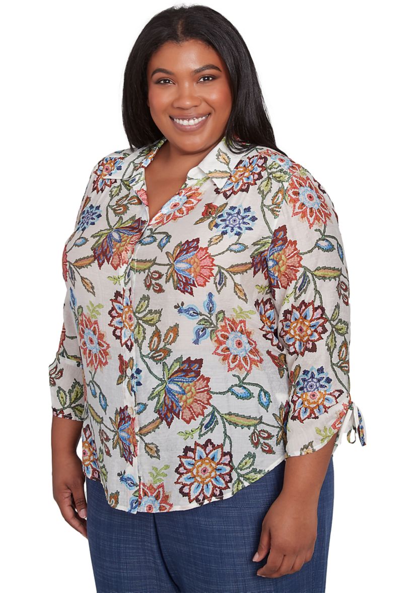Plus Size Summer Solstice Batik Floral Printed Top