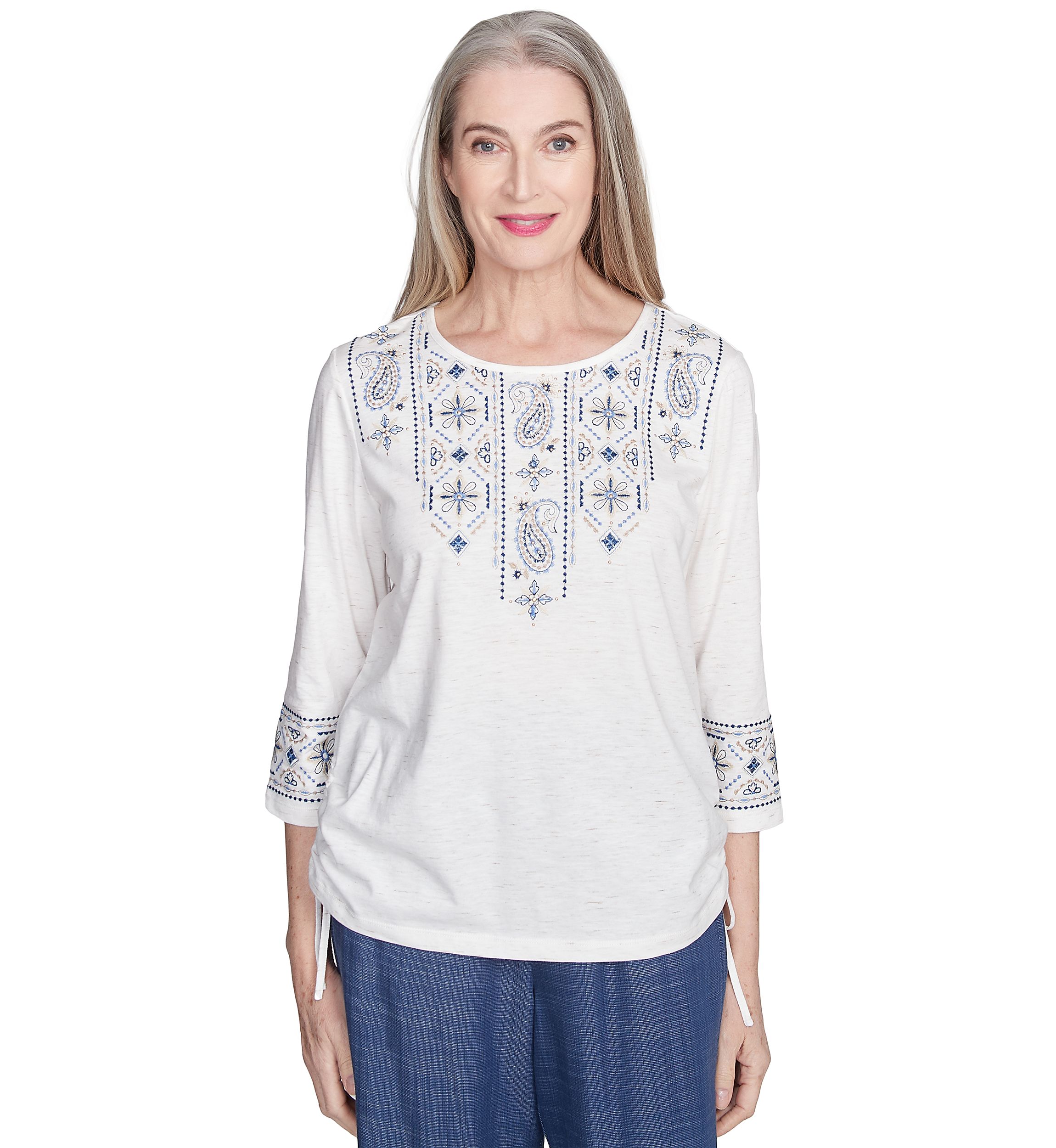 Petite Summer Solstice Embroidered Linear Yoke Top 
