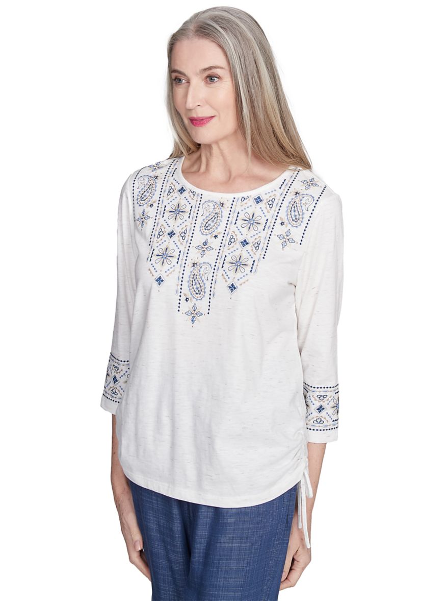 Petite Summer Solstice Embroidered Linear Yoke Top 