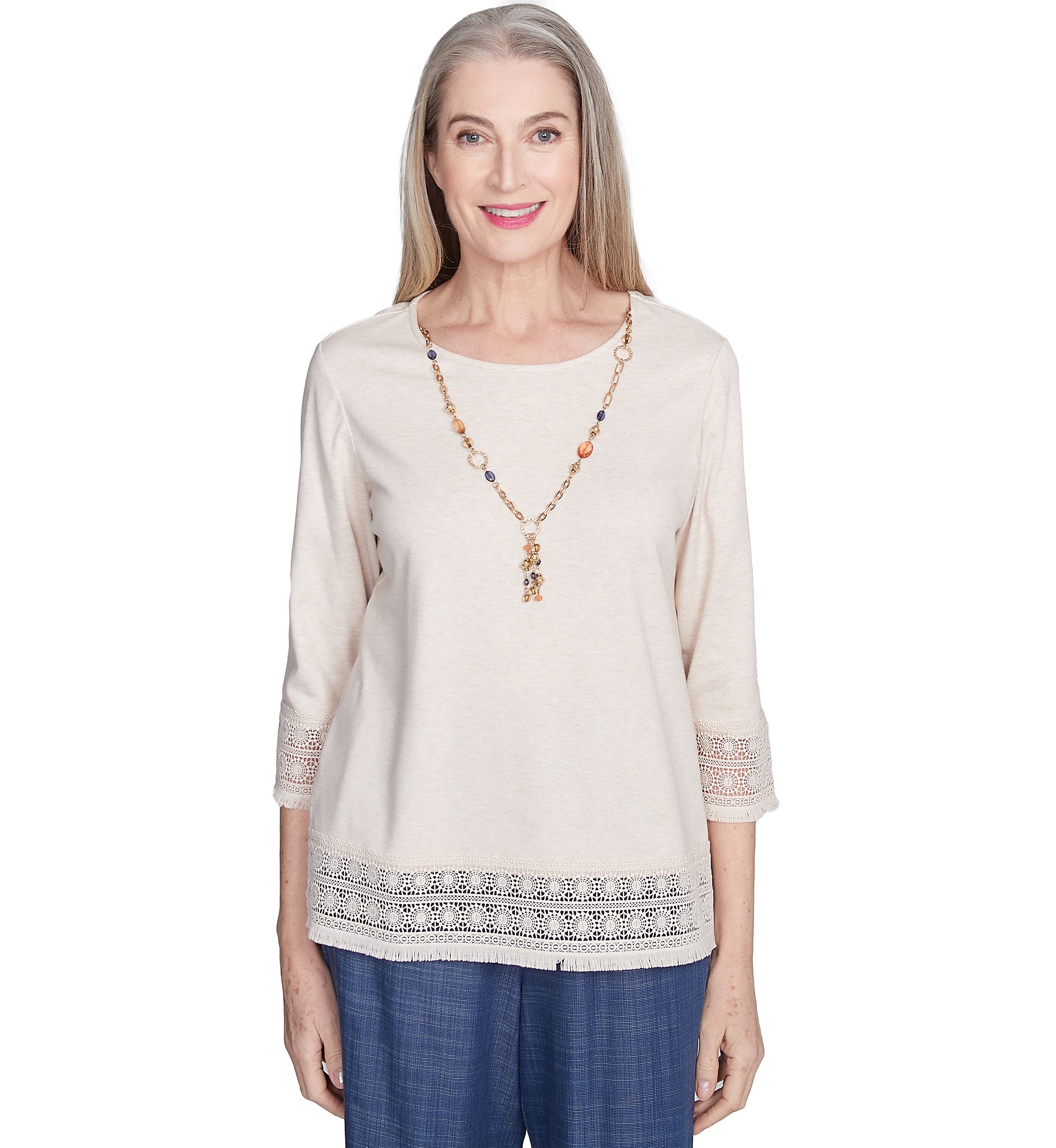 Petite Summer Solstice Lace Trimmed Top with Necklace