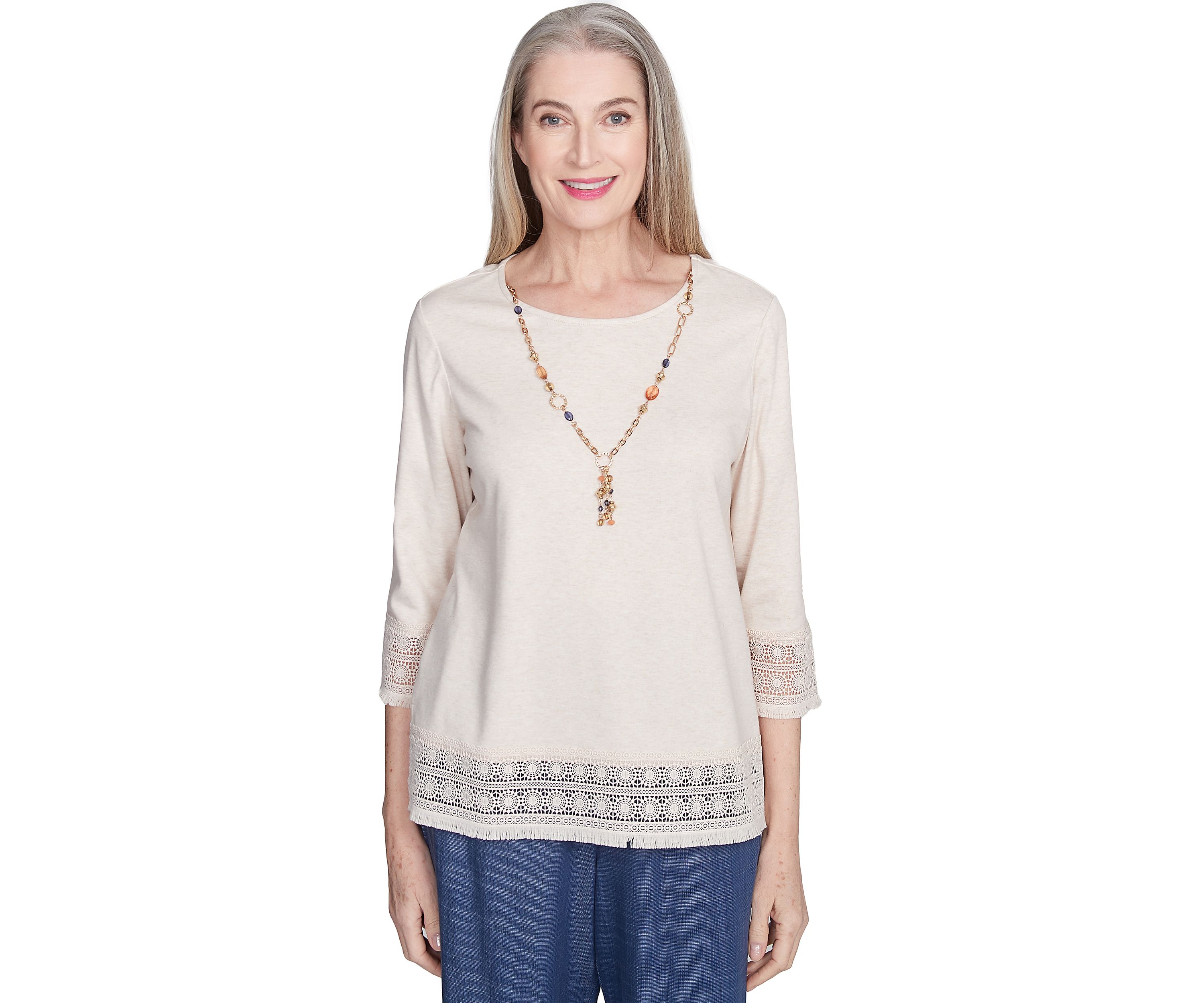 Petite Summer Solstice Lace Trimmed Top with Necklace