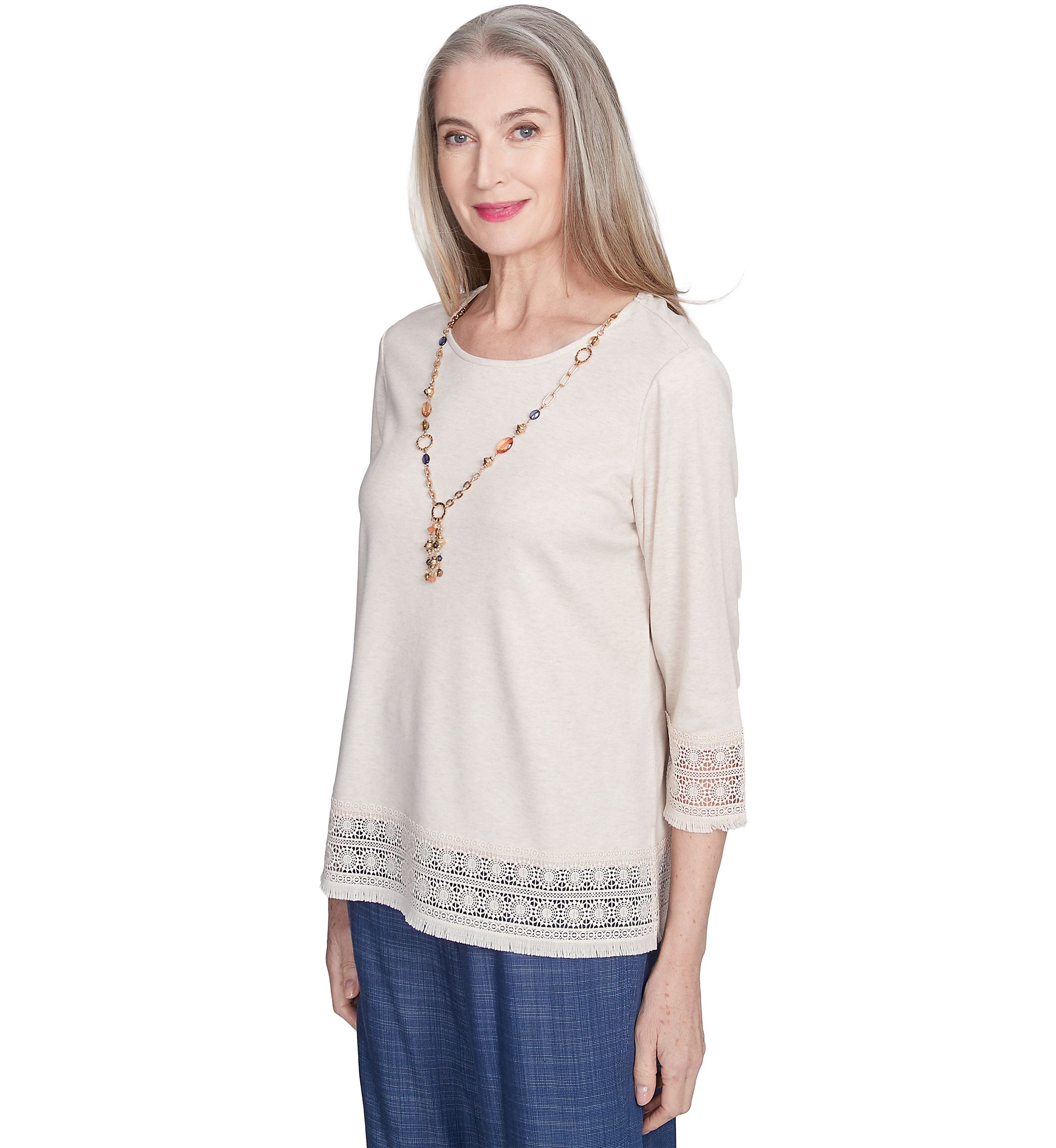 Petite Summer Solstice Lace Trimmed Top with Necklace
