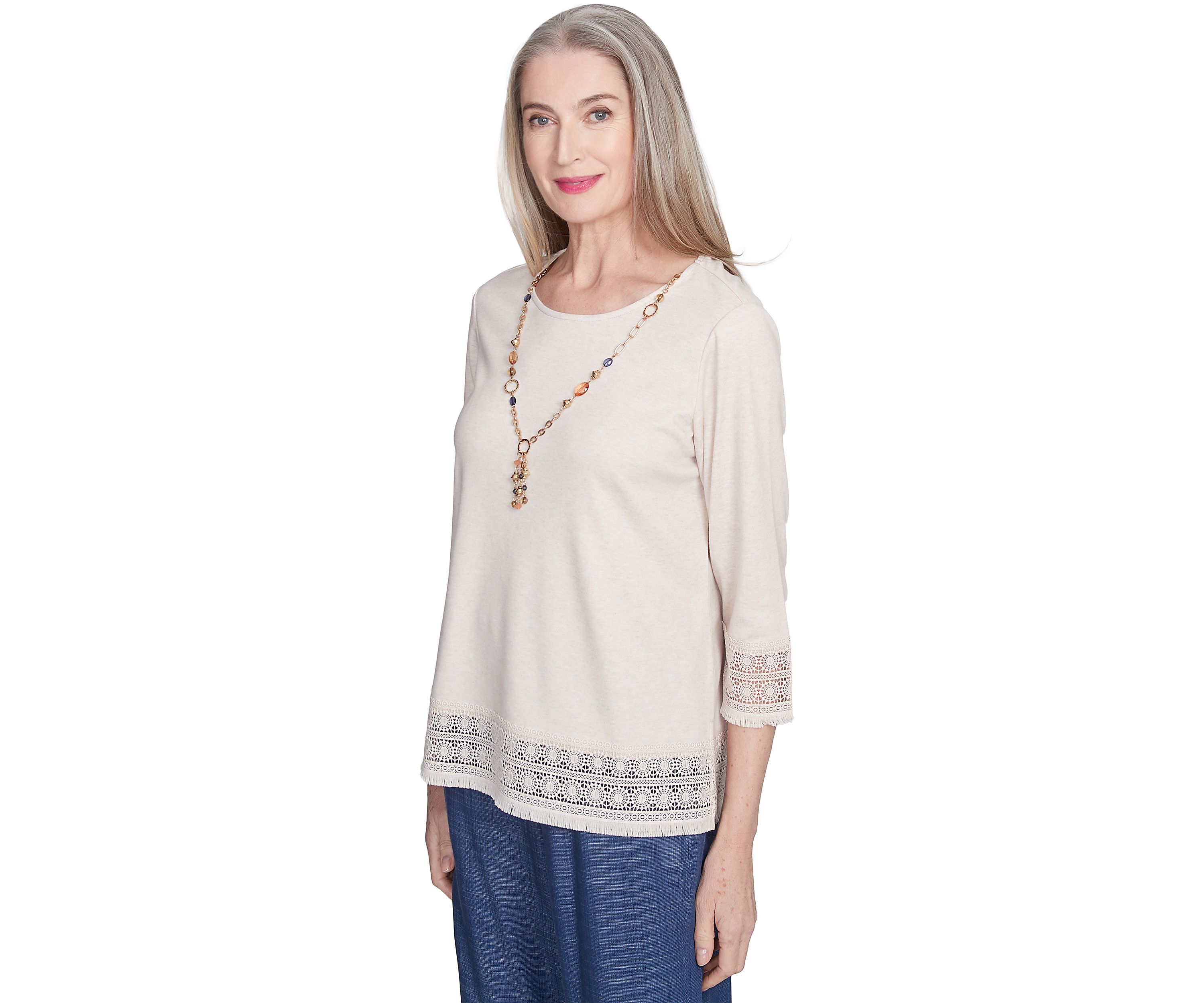 Petite Summer Solstice Lace Trimmed Top with Necklace