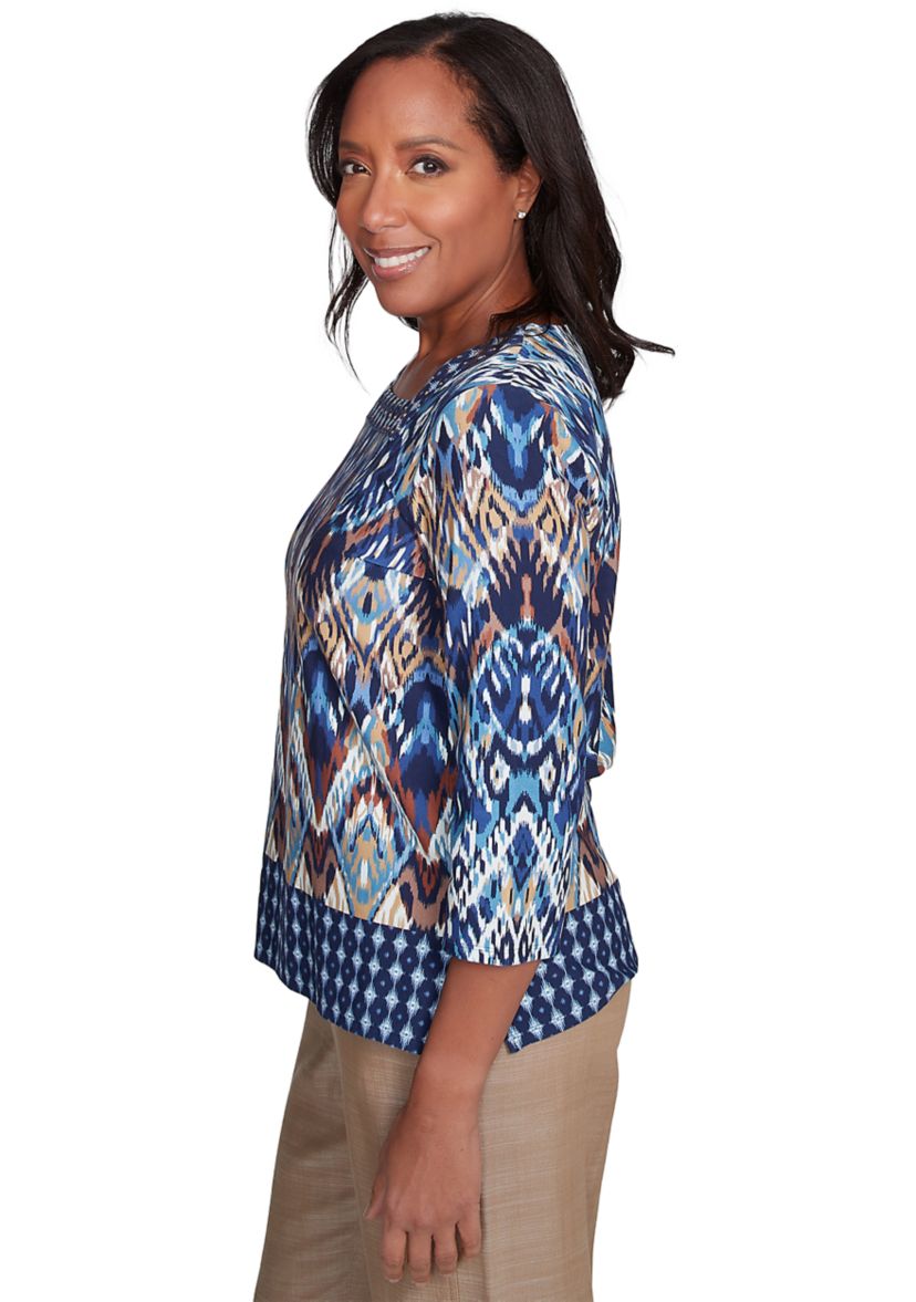 Petite Summer Solstice Ikat Diamond Border Top