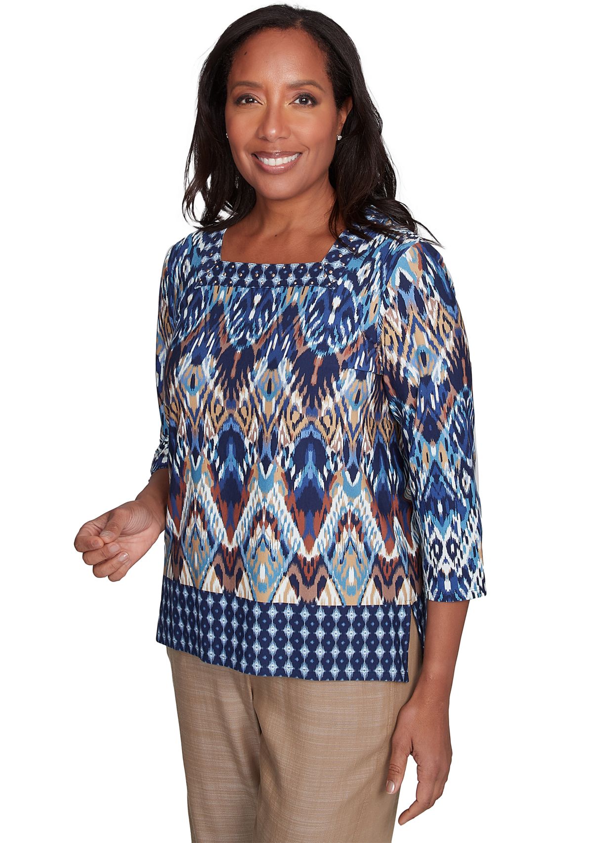 Petite Summer Solstice Ikat Diamond Border Top