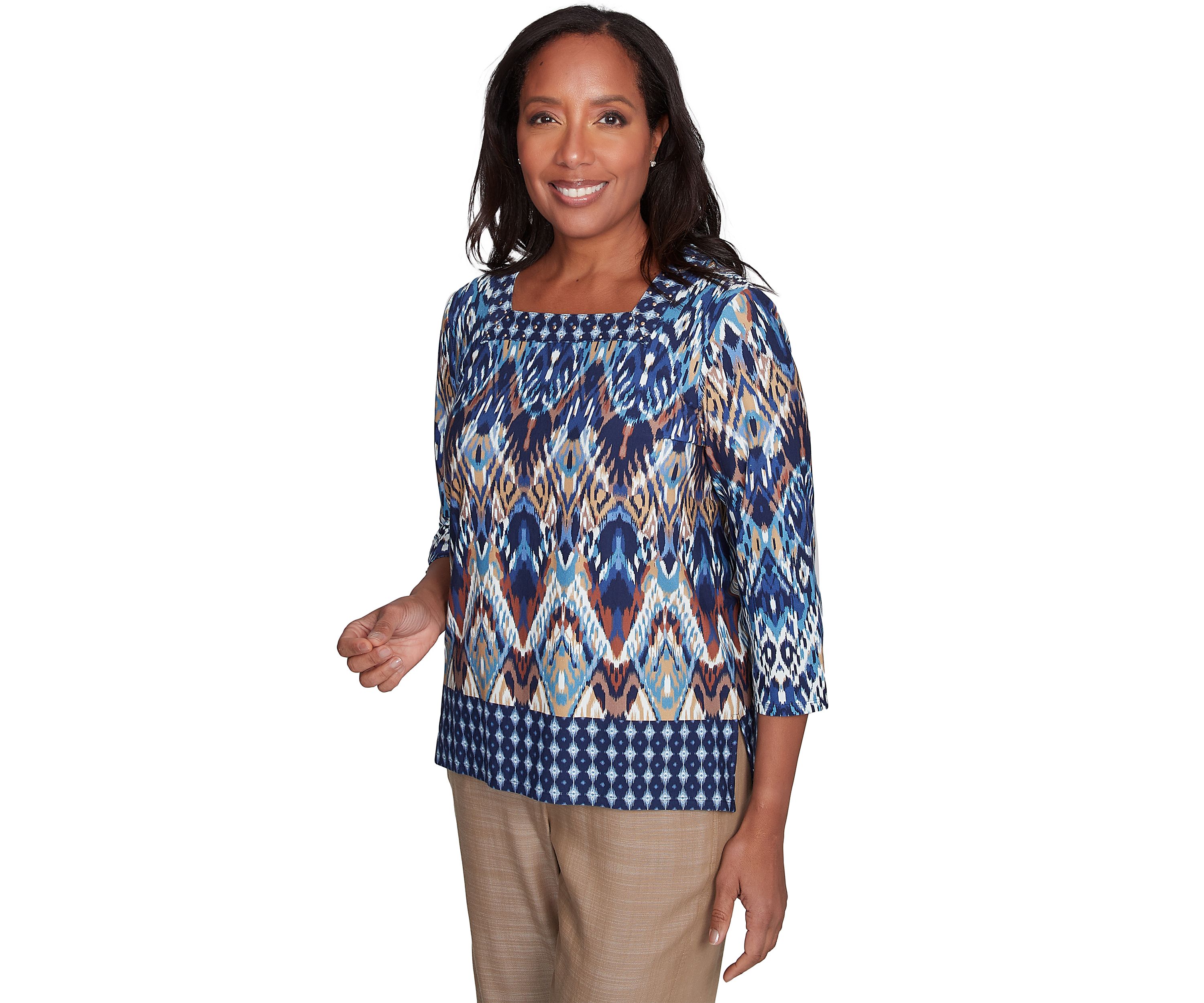Petite Summer Solstice Ikat Diamond Border Top