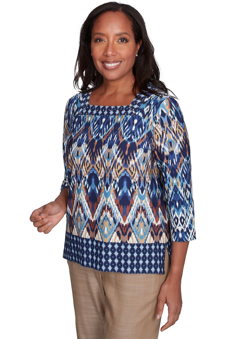 Petite Summer Solstice Ikat Diamond Border Top