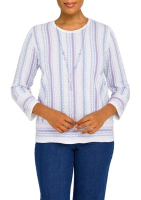 Women's Victoria Falls Crew Neck Three-Quarter Bell Sleeve Stripe Sweater With Removable Necklace