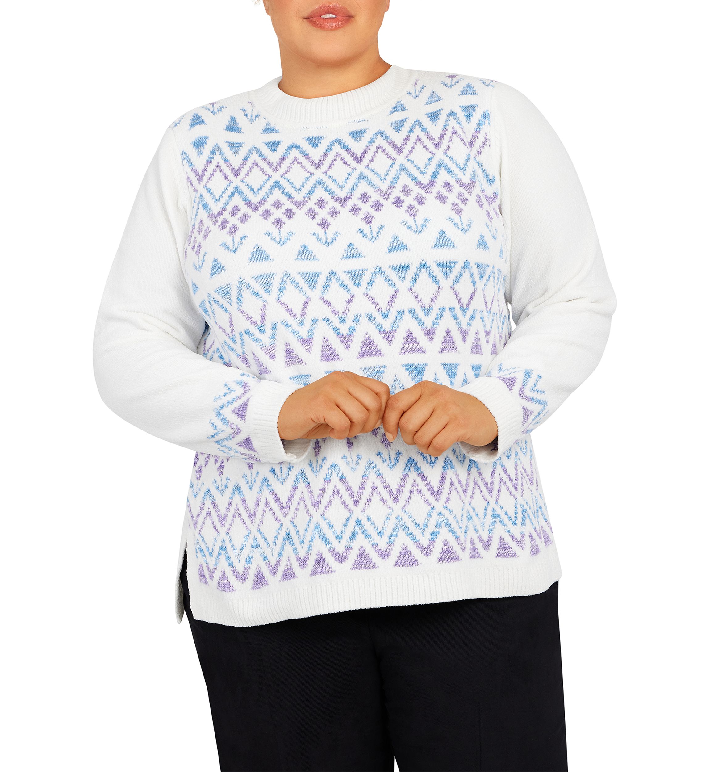 Plus Size Victoria Falls Mock Neck 3/4 Sleeve Fair Isle Chenille Sweater