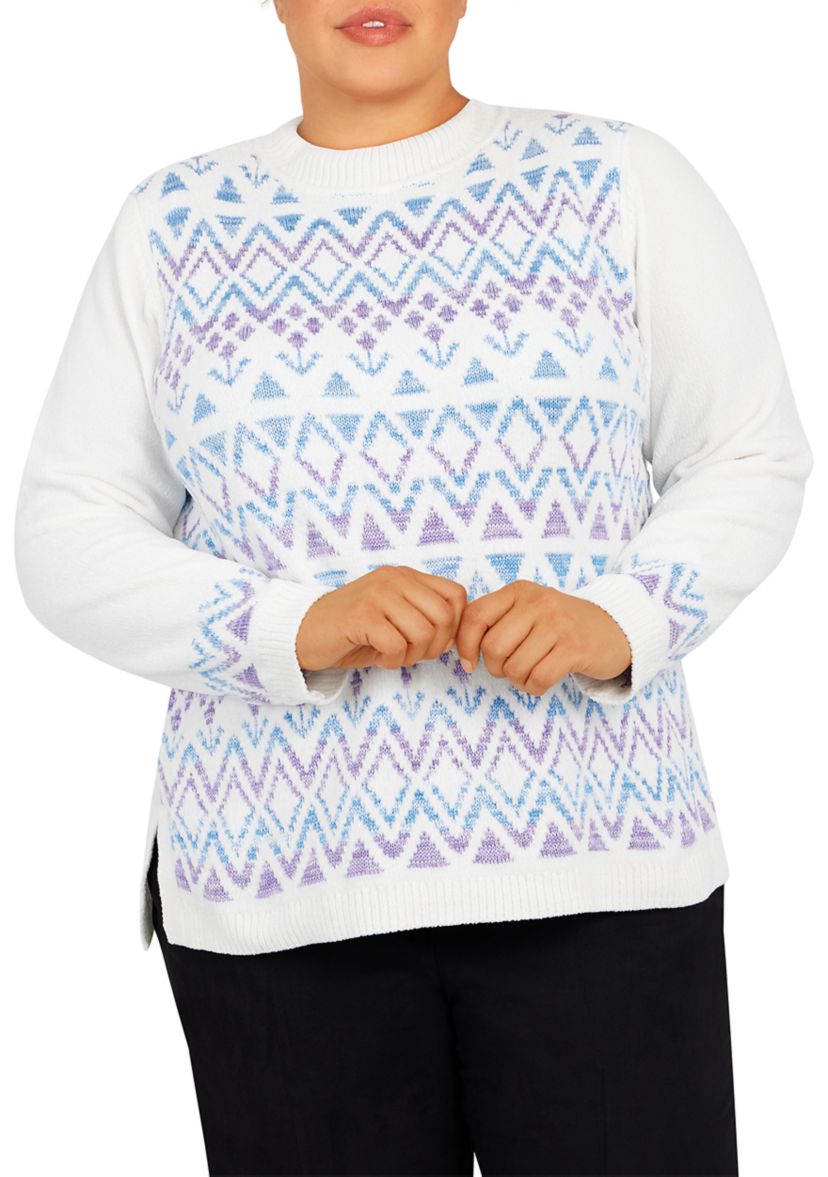 Plus Size Victoria Falls Mock Neck 3/4 Sleeve Fair Isle Chenille Sweater