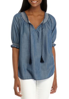 New Directions® Women's Embellished Puff Sleeve Peasant Blouse | belk