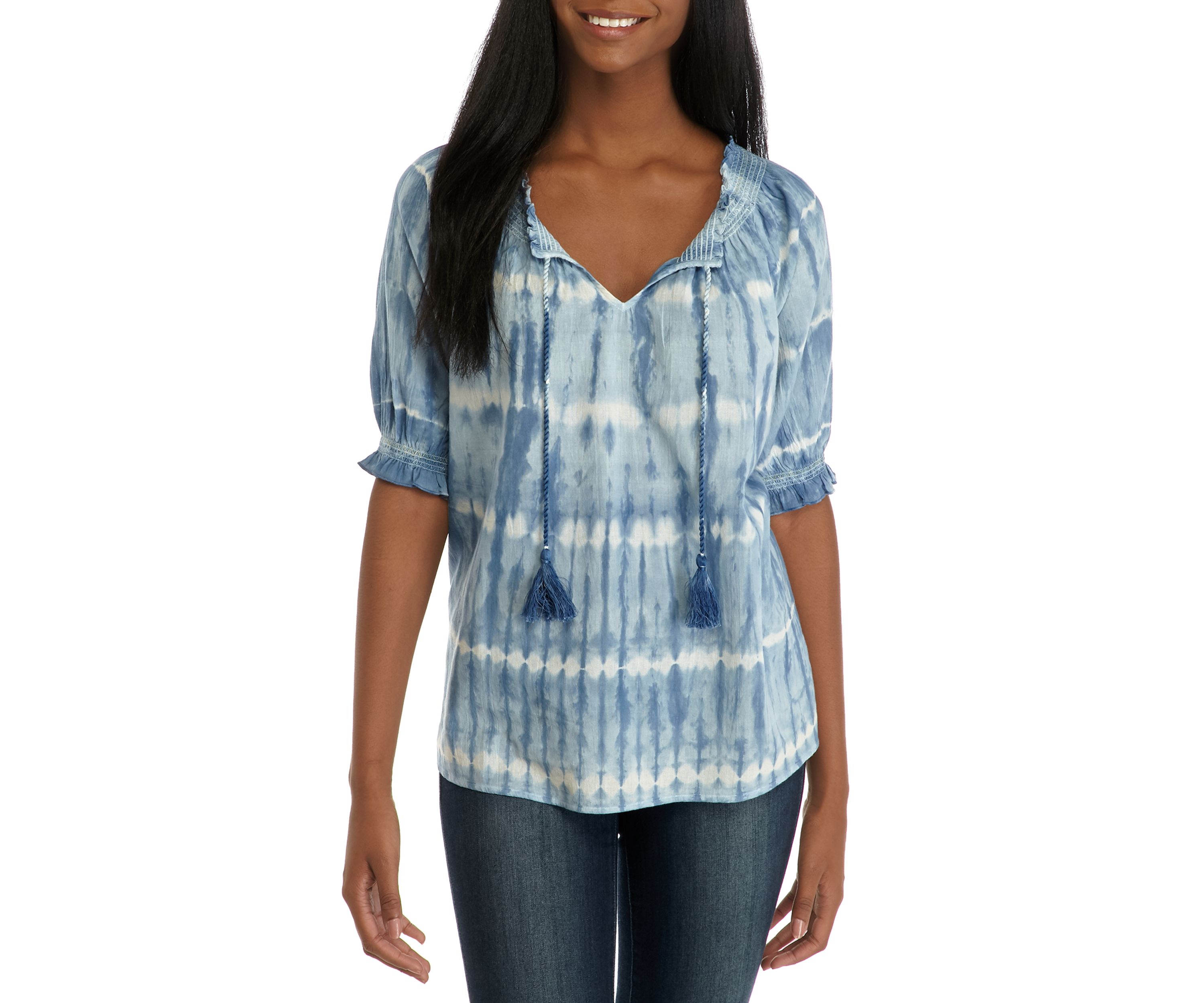 Womens Embellished Puff Sleeve Peasant Top