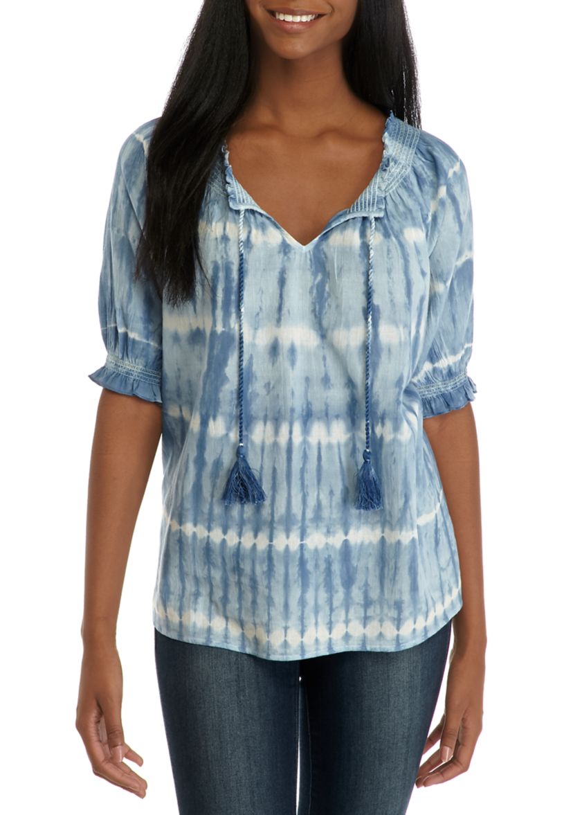 Womens Embellished Puff Sleeve Peasant Top