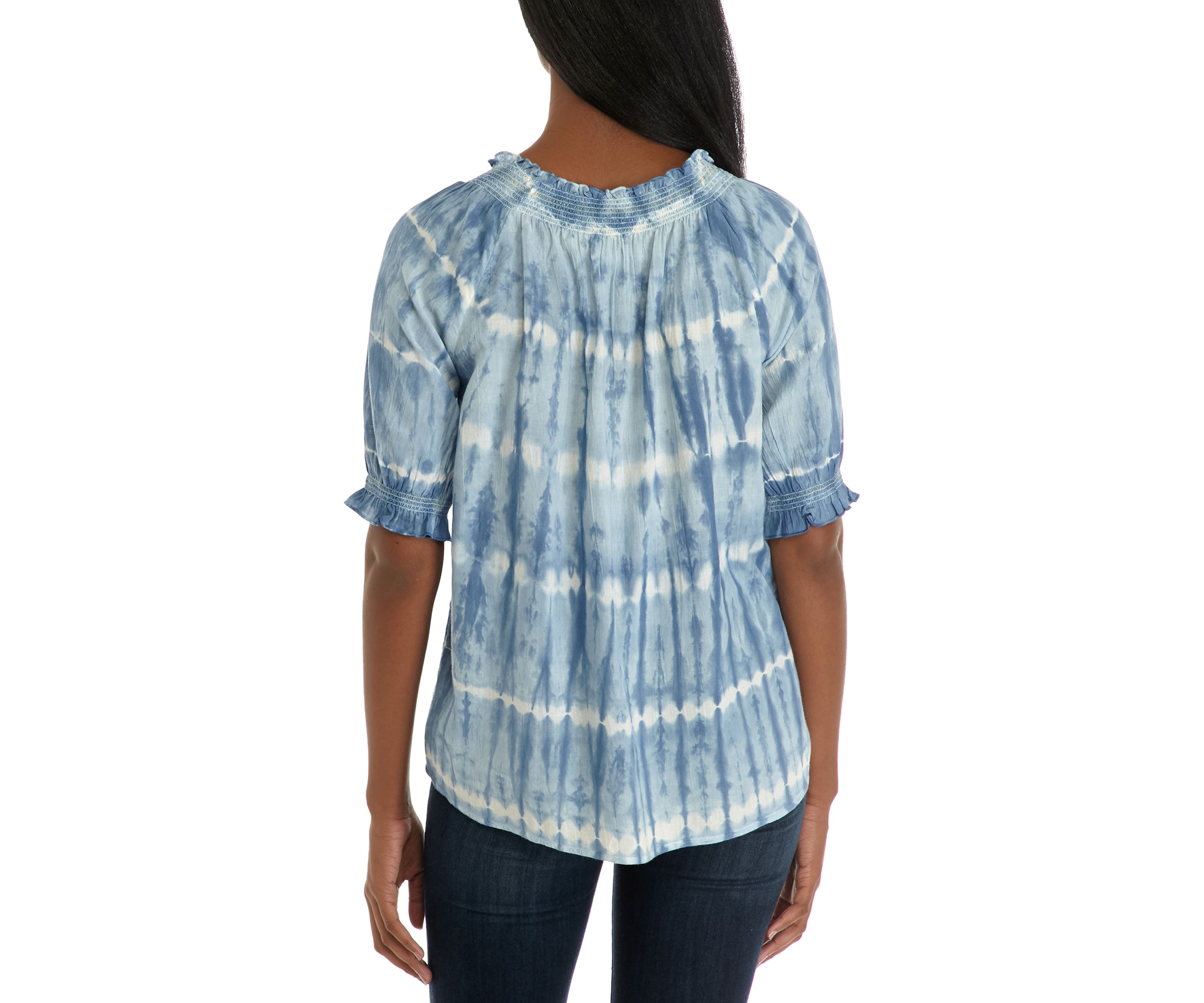 Womens Embellished Puff Sleeve Peasant Top