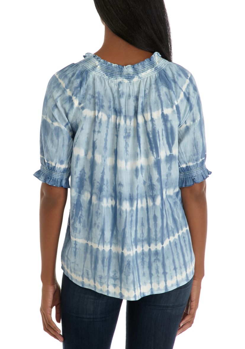Womens Embellished Puff Sleeve Peasant Top