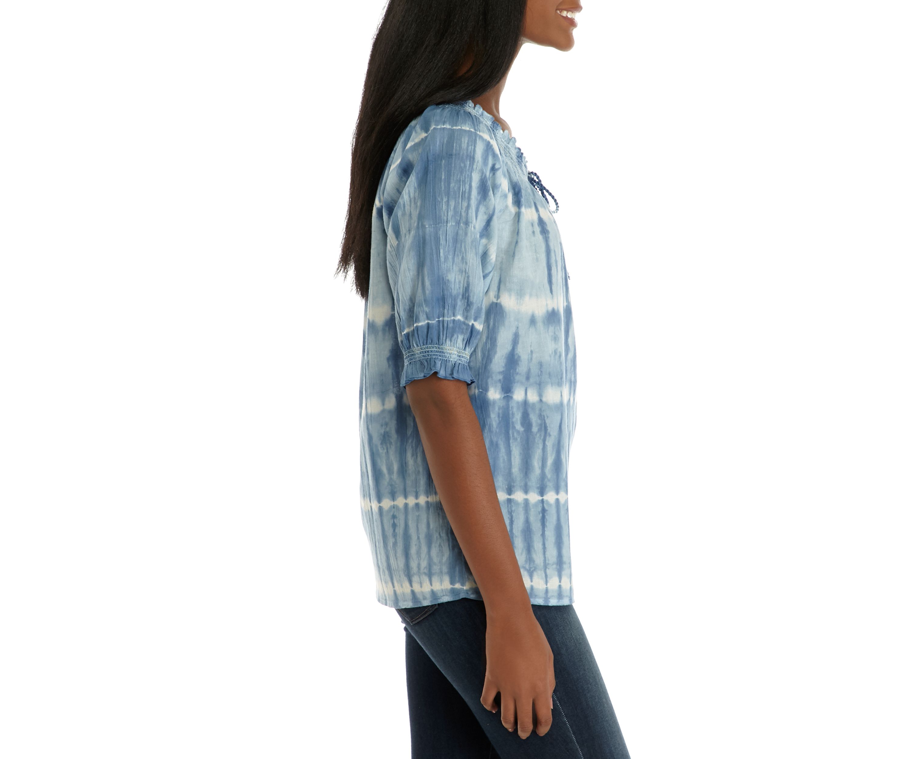 Womens Embellished Puff Sleeve Peasant Top