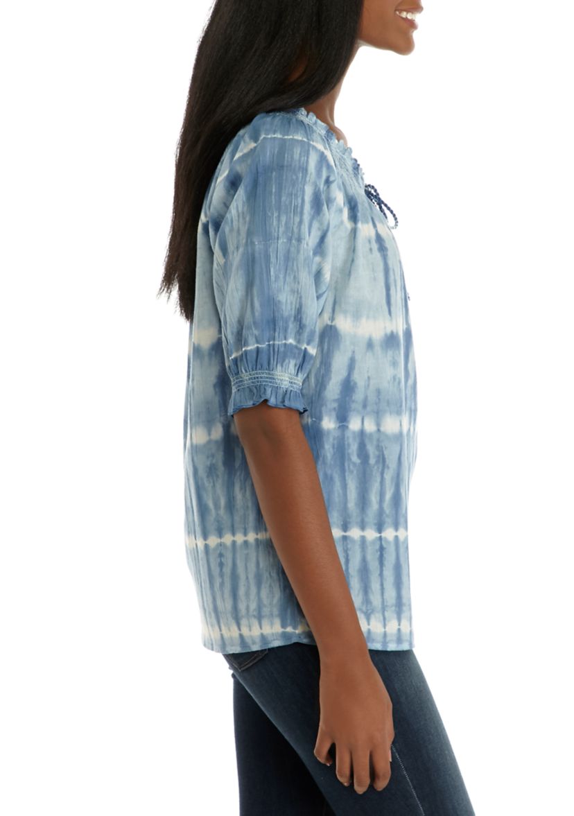 Womens Embellished Puff Sleeve Peasant Top