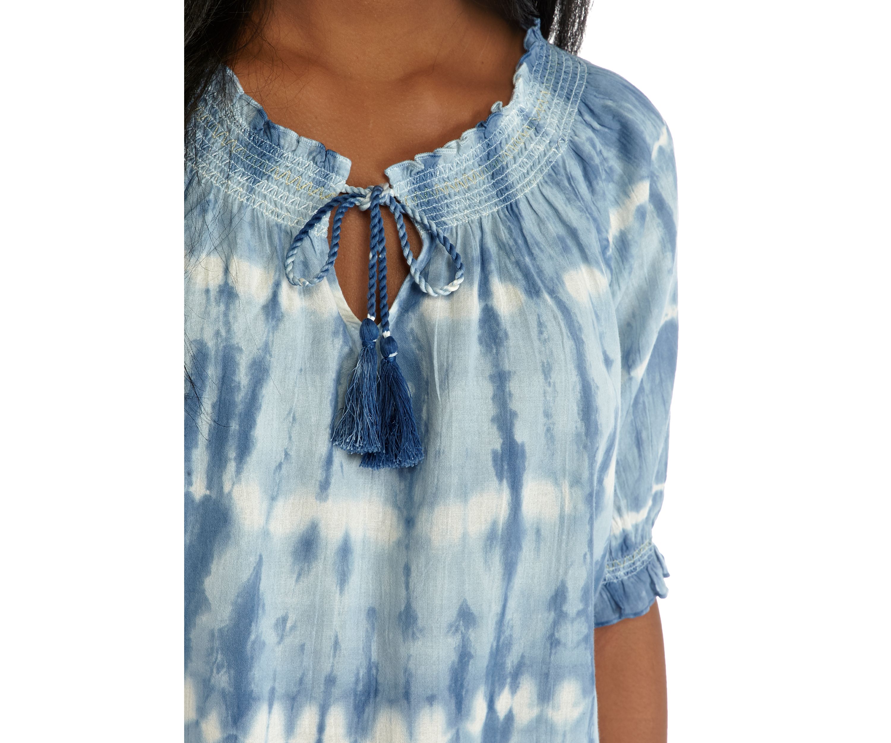 Womens Embellished Puff Sleeve Peasant Top