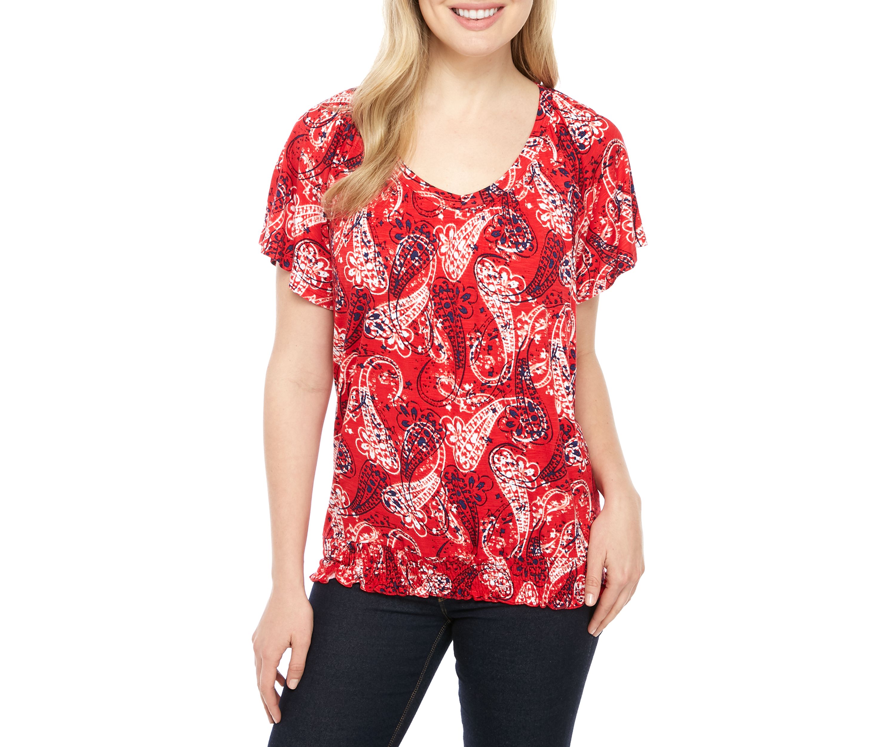 Womens Smocked Waist Flutter Sleeve T-Shirt