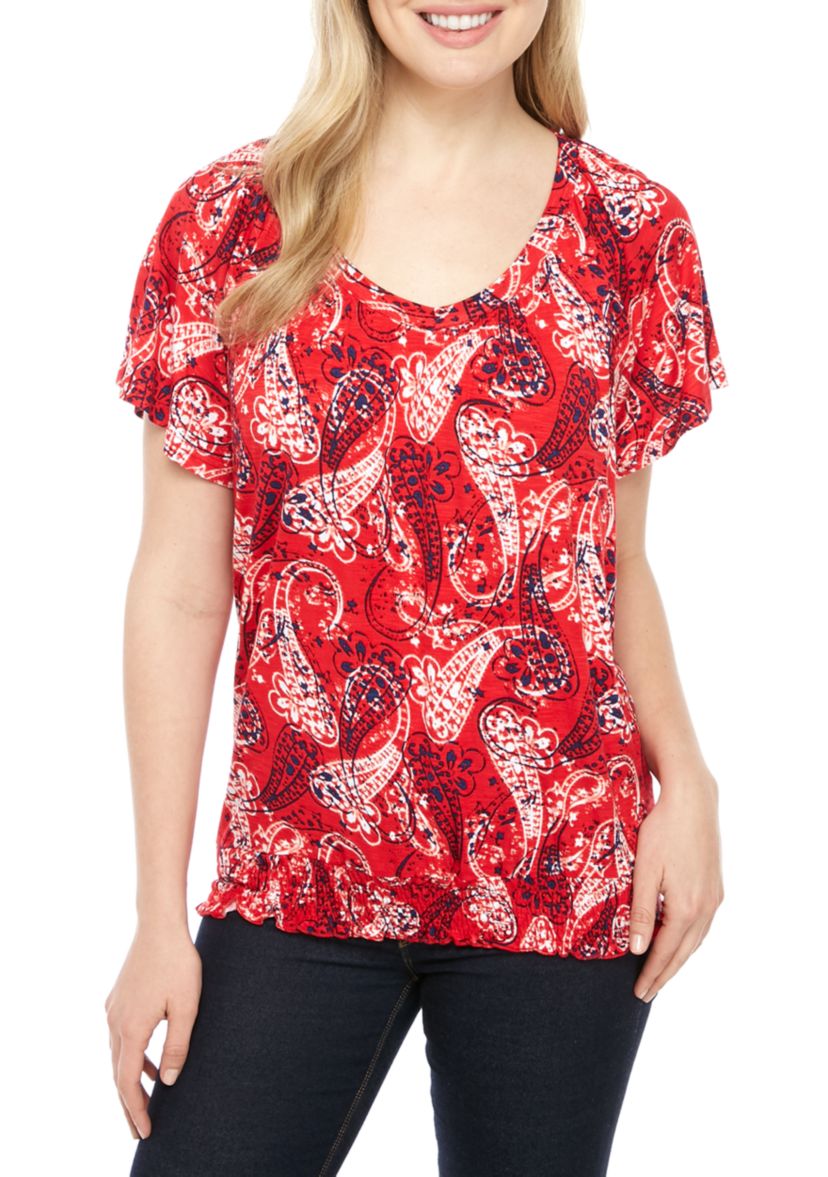 Womens Smocked Waist Flutter Sleeve T-Shirt