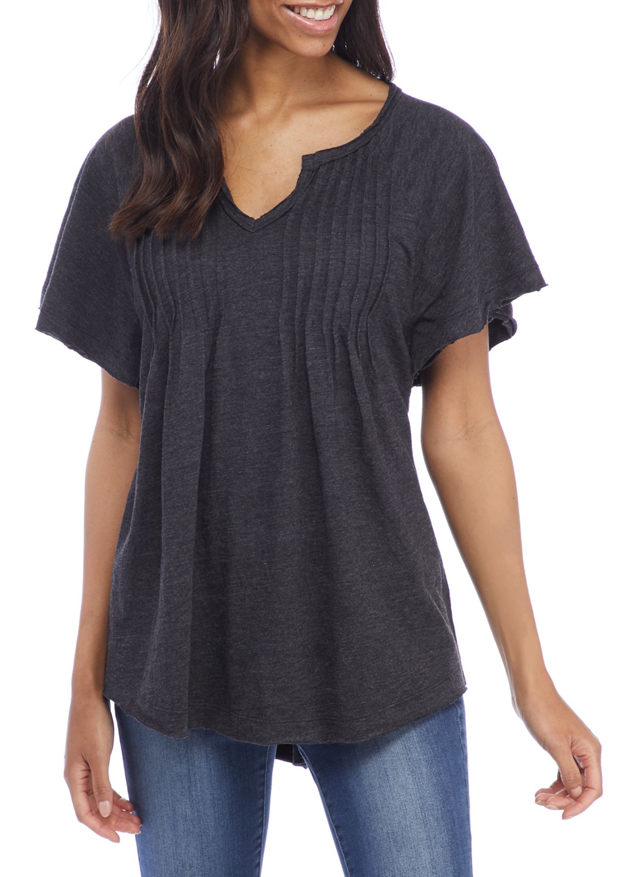 Womens Flounce Sleeve Split Neck Top 