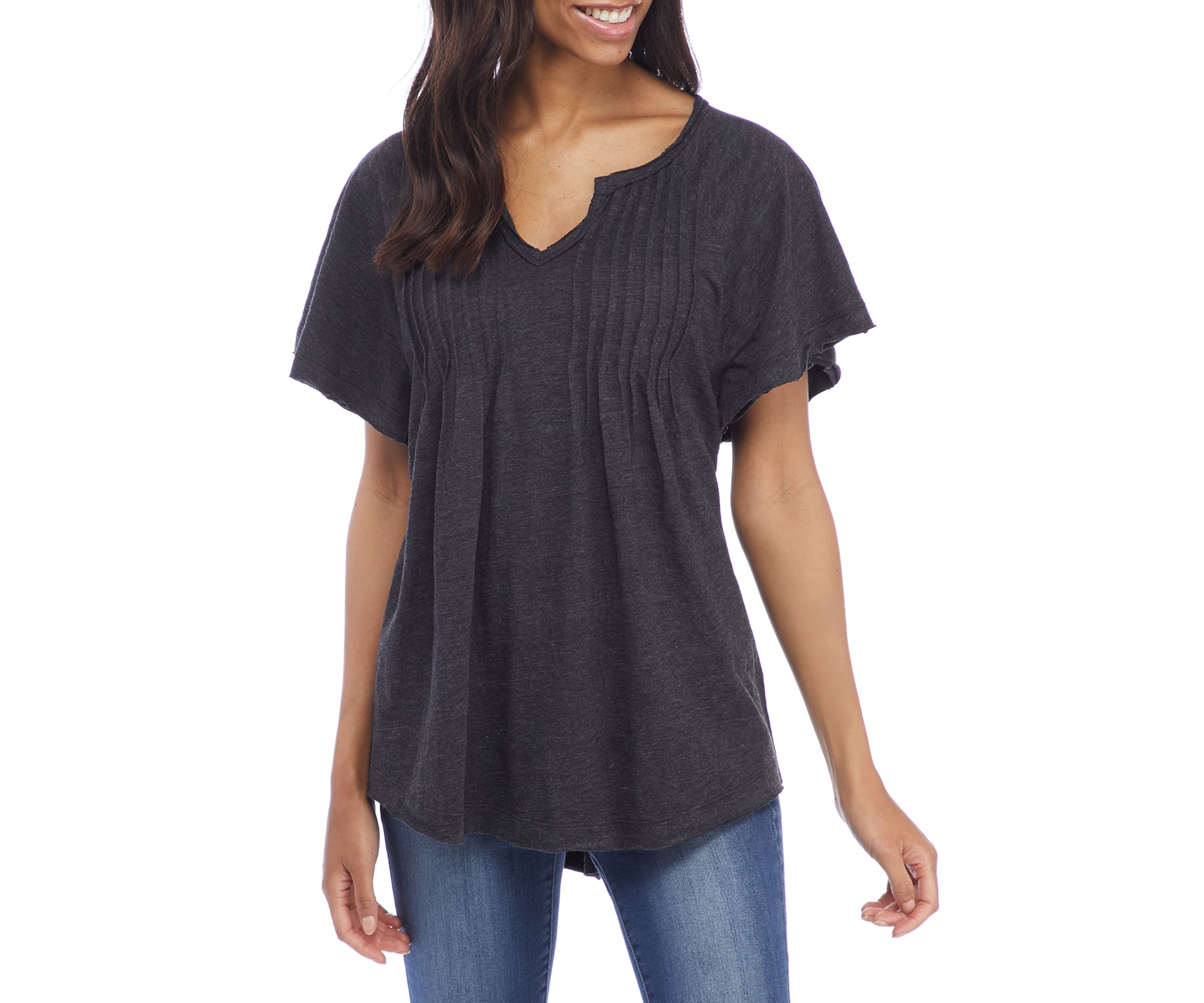 Womens Flounce Sleeve Split Neck Top 