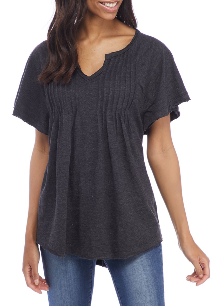 Womens Flounce Sleeve Split Neck Top 