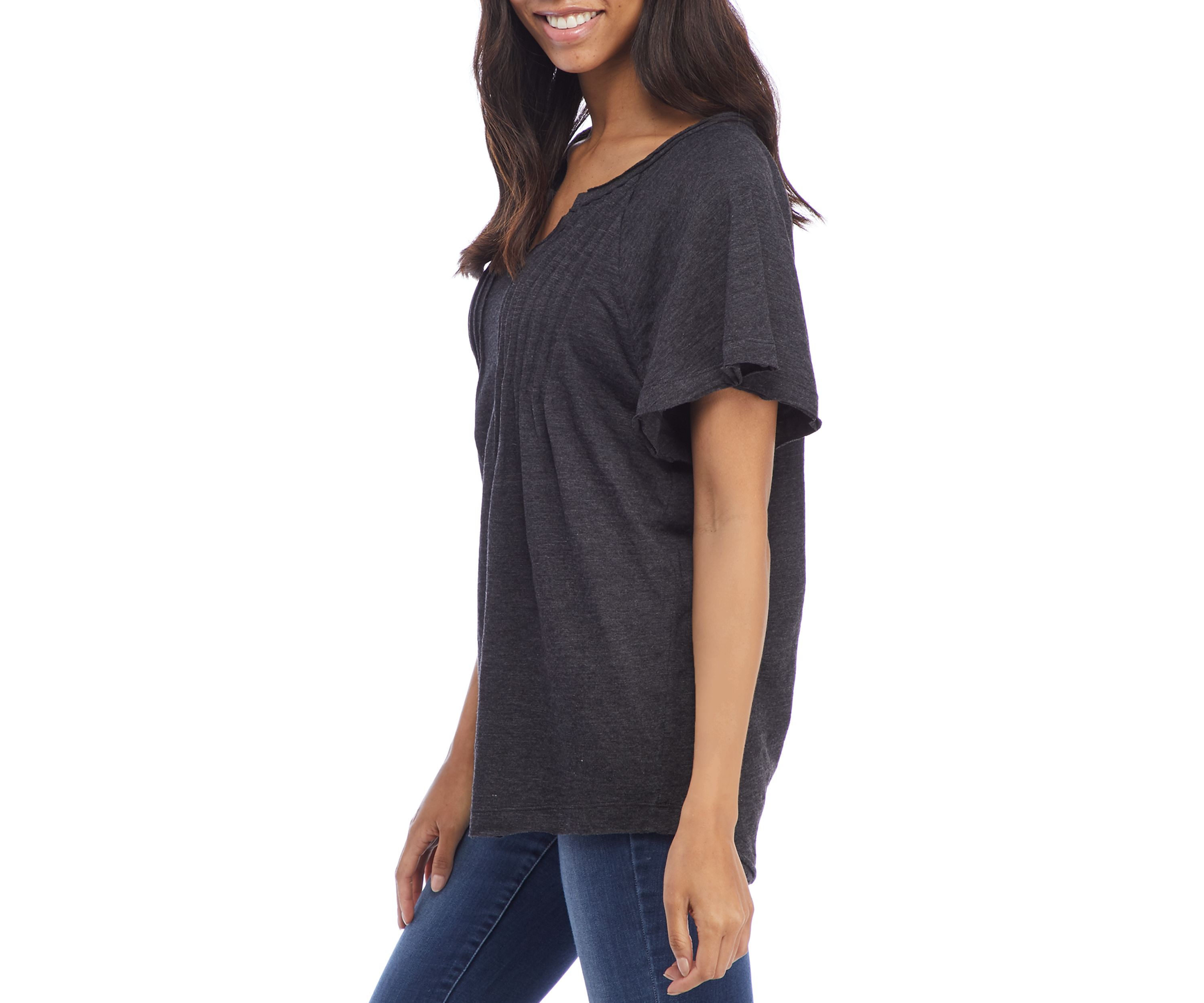 Womens Flounce Sleeve Split Neck Top 