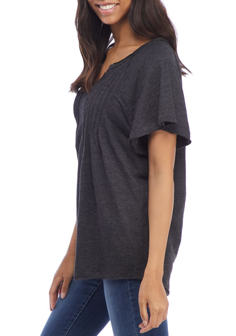 Womens Flounce Sleeve Split Neck Top 
