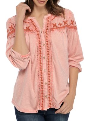 Lucky Brand Plus Womens Geo-Print 3/4 Sleeves Peasant Top